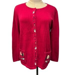 "Christopher‎ & Banks" Womens Red Button Up Sweater Cardigan  Embroidered Dogs